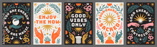 Stampa su tela Boho mystical posters with inspirational quotes about energy, magic and good vibes in trendy bohemian style