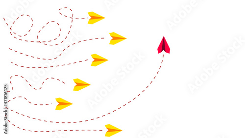 Paper airplanes on white background, business concept.
All planes fly in different directions. free thinking concept.New idea, change, trend, courage and leadership concept. Vector design EPS 10.