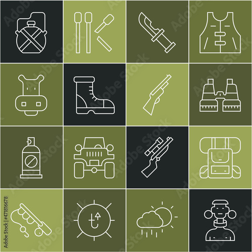 Set line African tribe male, Hiking backpack, Binoculars, Hunter knife, boots, Hippo or Hippopotamus, Canteen water bottle and Hunting gun icon. Vector