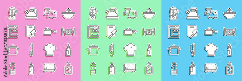 Set line Cutting board, Bottle of olive oil, Wooden table with chair, Kitchen meat grinder, and chopper, Electric mixer, Blender and Frying pan icon. Vector