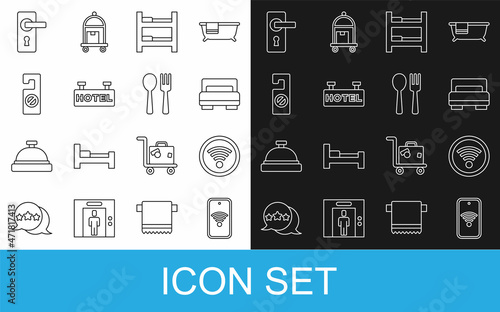 Set line Mobile with wi-fi wireless, Wi-Fi, Hotel room bed, Signboard text, Please do not disturb, Door handle and Fork spoon icon. Vector