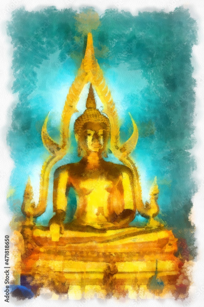 Fototapeta premium Buddha statue of Phra Buddha Chinnarat in Bangkok, Thailand watercolor style illustration impressionist painting.