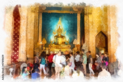 Interior of a church in a Thai temple watercolor style illustration impressionist painting.