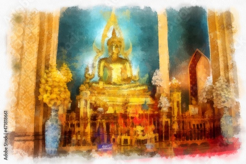 Buddha statue of Phra Buddha Chinnarat in Bangkok, Thailand watercolor style illustration impressionist painting.