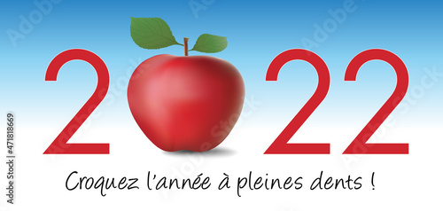 Carte de vœux pour le nouvel an 2022 montrant une pomme rouge, symbole de vie saine et diététique pour croquer la vie à pleine dents.