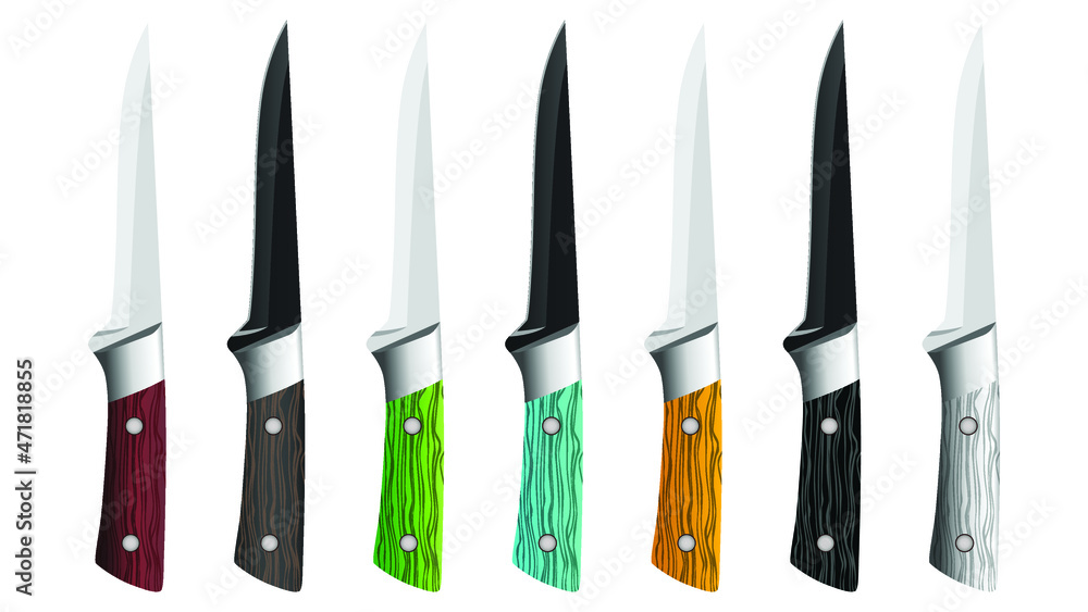 set of realistic kitchen knives isolated on white, Vector illustration, chef knives, Cutlery icon set, colourful knives set set of realistic kitchen knives isolated on white, Vector illustration, chef knives, Cutlery icon set, colourful knives set