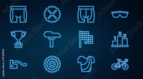 Set line Bicycle, Award over sports winner podium, Cycling shorts, seat, cup with bicycle, Checkered flag and sprocket crank icon. Vector
