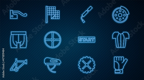 Set line Gloves, Cycling t-shirt, Bicycle air pump, wheel, shorts, brake, Ribbon finishing line and Checkered flag icon. Vector