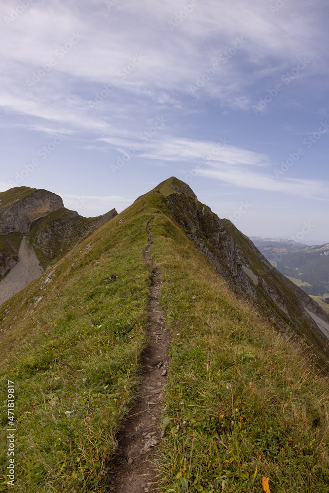 Fototapeta premium Amazing hiking day in the alps of Switzerland. Wonderful view over a beautiful lake called Brienzersee. What an amazing view.