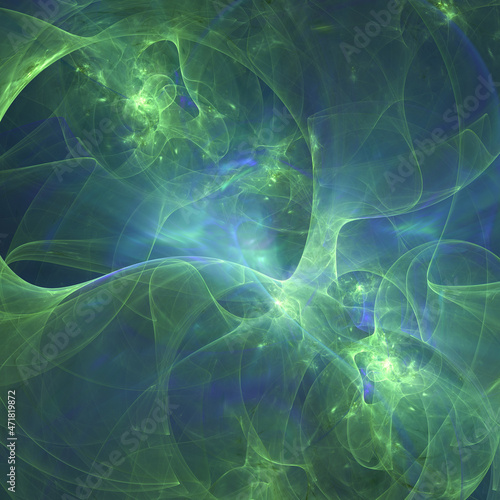 Abstract blue and green fractal art background that suggests gas, smoke, plasma, bubbles, liquid. © synthetick