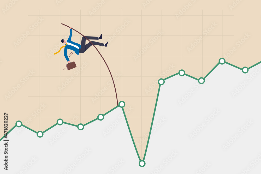 Φωτογραφία Overcome or get pass stock market down or crypto currency market drop, investment risk challenge or market volatility concept, confident businessman investor pole vault jump over market drop graph