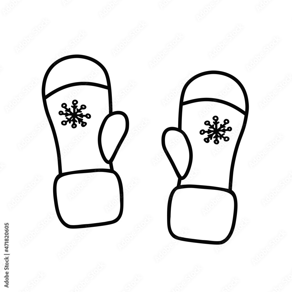 Mittens, pair of mittens with snowflakes. Vector Illustration for printing, backgrounds, covers, packaging, greeting cards, posters, stickers, textile, seasonal design. Isolated on white background. Mittens, pair of mittens with snowflakes. Vector Illustration for printing, backgrounds, covers, packaging, greeting cards, posters, stickers, textile, seasonal design. Isolated on white background.