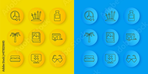 Set line Hotel room bed, Tropical palm tree, Photo, Heart shaped love glasses, Rv Camping trailer, Clock with airplane, Whiskey bottle and Ski and sticks icon. Vector