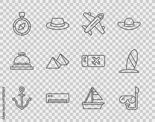 Set line Anchor, Diving mask and snorkel, Plane, Air conditioner, Compass, Egypt pyramids, Yacht sailboat and Surfboard icon. Vector