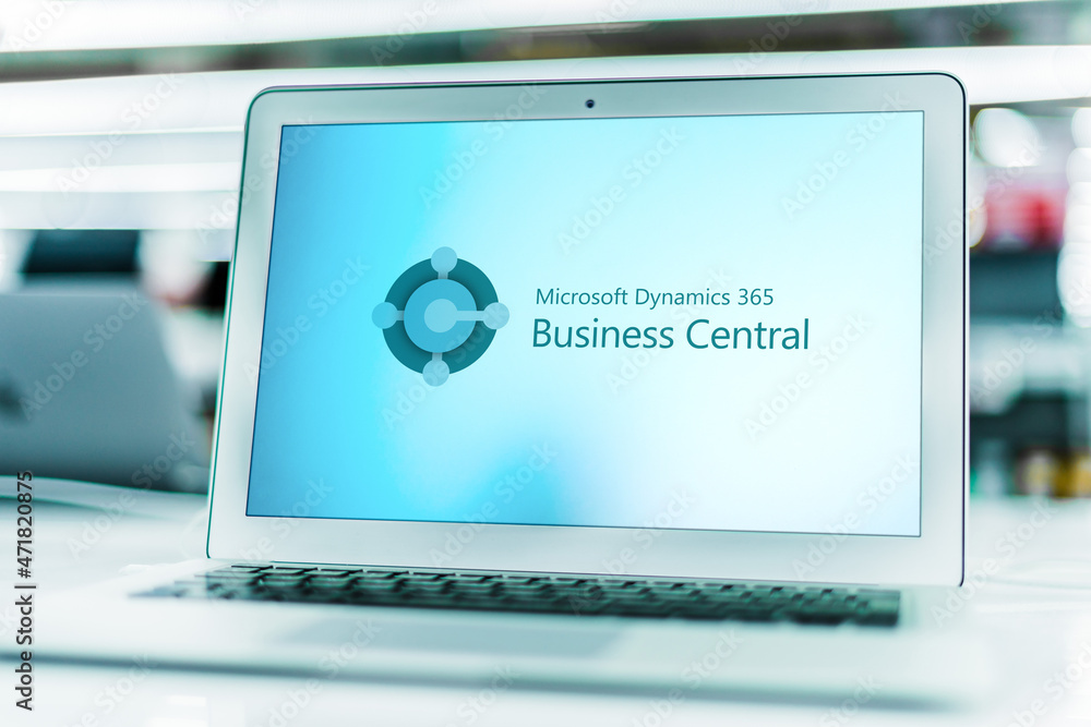 Laptop showing logo of Microsoft Dynamics 365 Business Central Stock ...