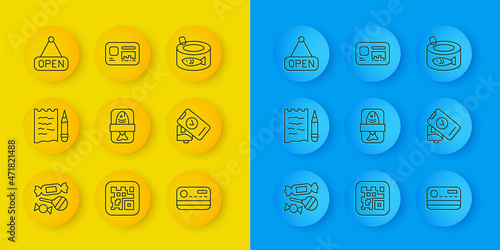 Set line Candy, Shopping list pencil, Fish plastic tray container, Credit card, POS terminal, Hanging sign with Open, Canned fish and Identification badge icon. Vector