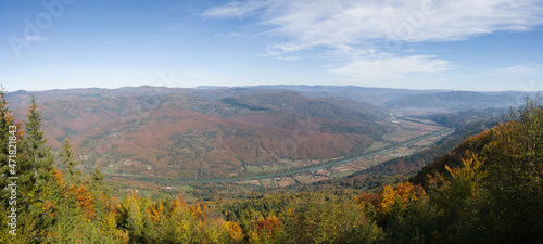 View of the Drina river valley towards Bajina Basta from the Oslusa lookout in the Tara National Park, Serbia. photo