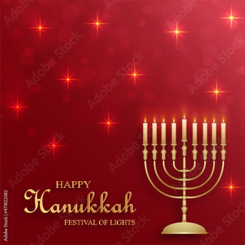Happy Hanukkah card with nice and creative symbols and gold paper cut style on color background for Hanukkah Jewish holiday