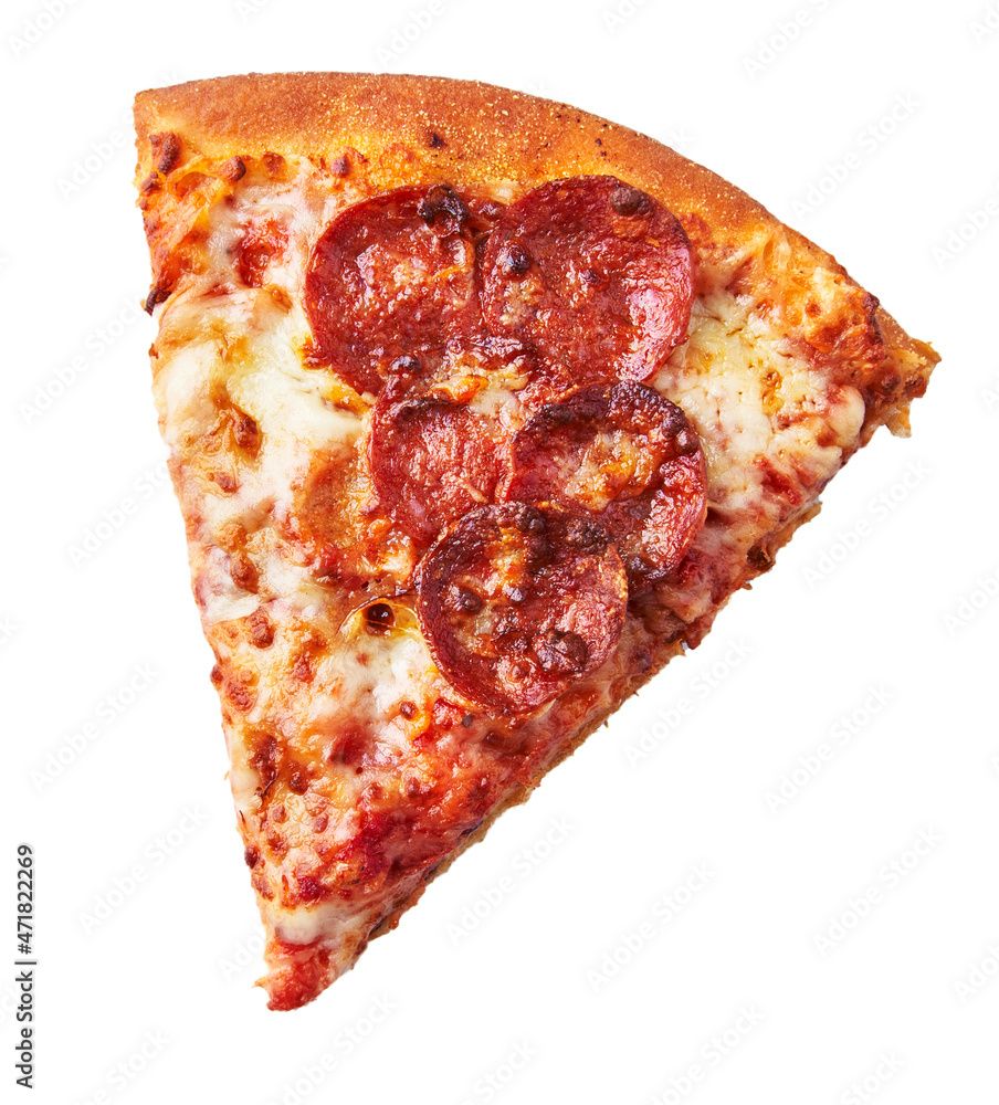 Slice of pepperoni italian pizza isolated on a white background Slice of pepperoni italian pizza isolated on a white background