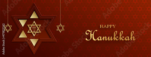 Happy Hanukkah card with nice and creative symbols and gold paper cut style on color background for Hanukkah Jewish holiday