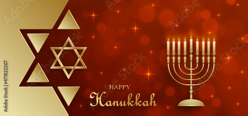 Happy Hanukkah card with nice and creative symbols and gold paper cut style on color background for Hanukkah Jewish holiday