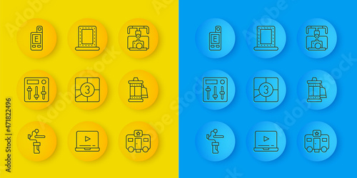 Set line Gimbal stabilizer for camera, Sound mixer controller, Old film movie countdown frame, Actor trailer, Camera cartridge, Light meter, with and Makeup mirror lights icon. Vector