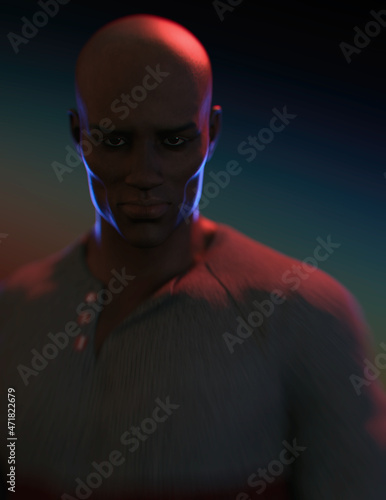 Low key lit portrait of a bald afro american man in a grey sweater in red and blue rim light. 3D render.
