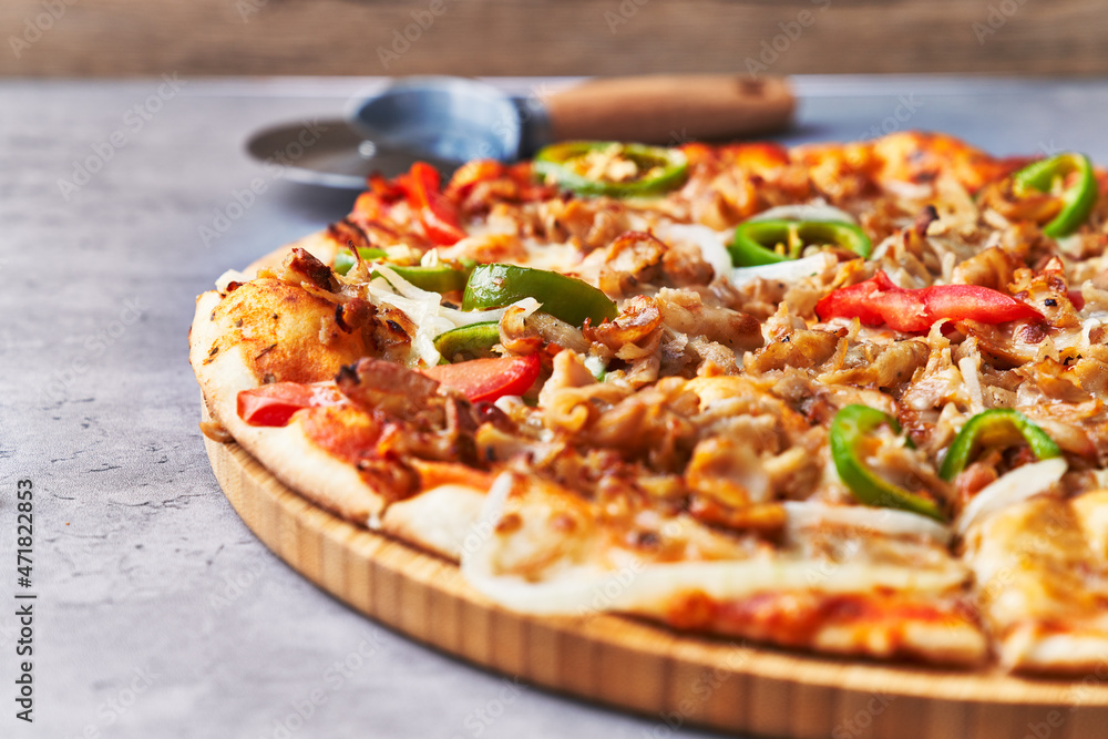 Delicious kebab italian pizza on a marble surface Delicious kebab italian pizza on a marble surface
