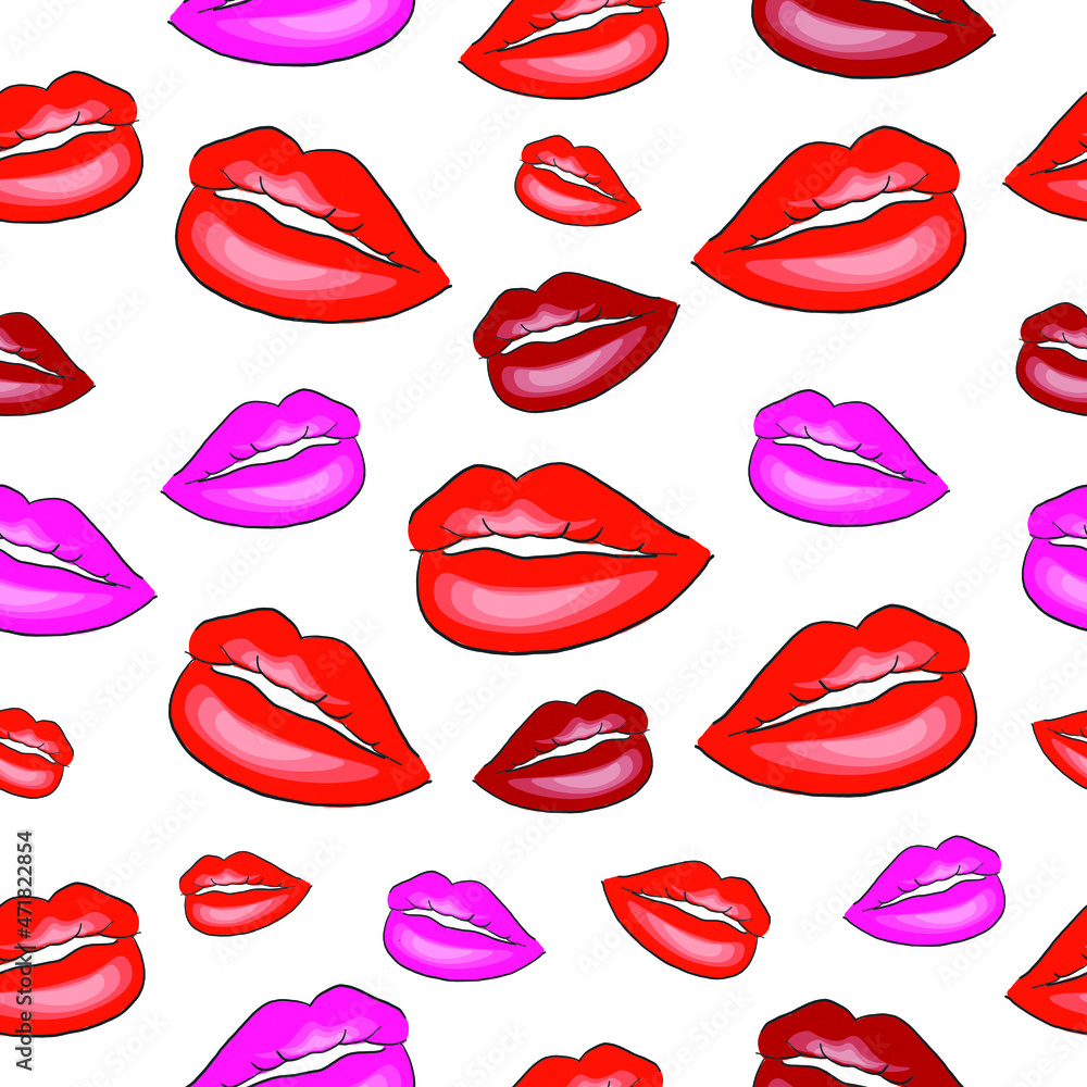 Vector Lips Seamless Pattern. Woman’s red, pink and dark red kissing