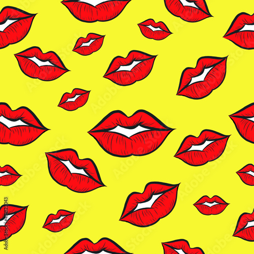 Red Lips with Lipstick kisses on white background. Vector Seamless Pattern Hand Drawn Lips illustration. Can be used as wallpaper, wrapping paper, Fabric Textile Prints, Card Templates or else.