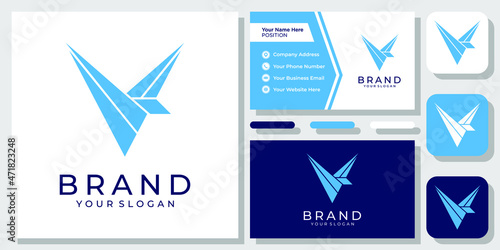 Initial Letter V Bird Geometric Modern Flight Abstract Icon Logo Design with Business Card Template