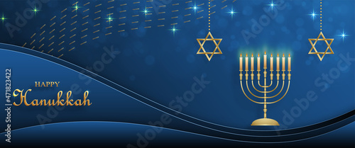 Happy Hanukkah card with nice and creative symbols on color background for Hanukkah Jewish holiday