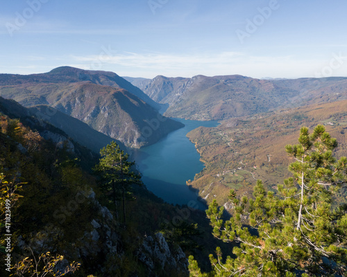 Lookout Banjska rock in Tara National Park, looking down to Lake Perucac and the Drina River canyon in Serbia