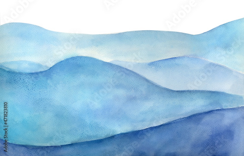 Winter white mountain background watercolor illustration. Abstract hand painted aquarelle of mystery landscape. Misty terrain with slopes. Wall art, cover, wedding, invite card, holiday, nature hiking © Arttabula