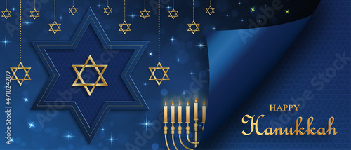 Happy Hanukkah card with nice and creative symbols on color background for Hanukkah Jewish holiday