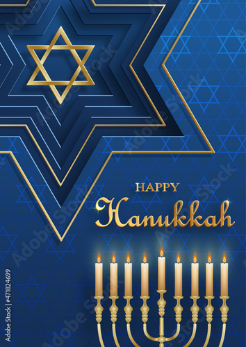 Happy Hanukkah card with nice and creative symbols on color background for Hanukkah Jewish holiday