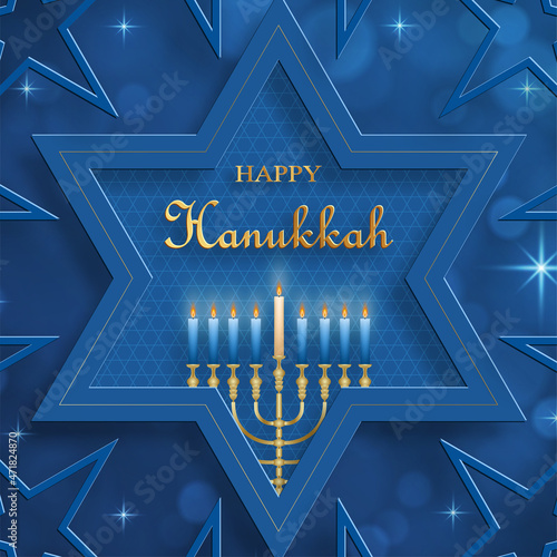 Happy Hanukkah card with nice and creative symbols on color background for Hanukkah Jewish holiday