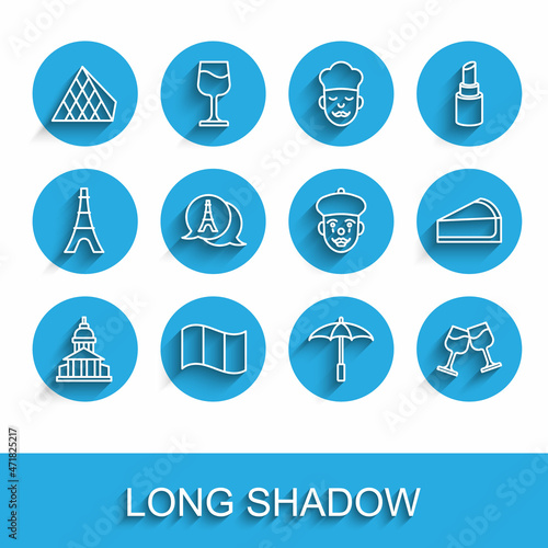 Set line Museum building, Flag France, Louvre glass pyramid, Umbrella for beach, Wine, Eiffel tower, Cherry cheesecake slice and French mime icon. Vector