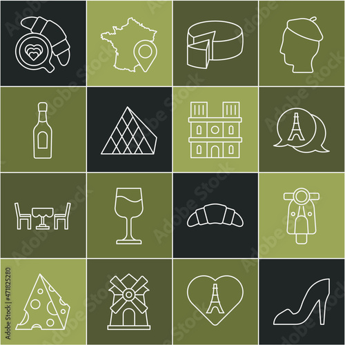 Set line Woman shoe, Scooter, Eiffel tower, Cheese, Louvre glass pyramid, Champagne bottle, Coffee cup with croissant and Notre Dame de Paris icon. Vector