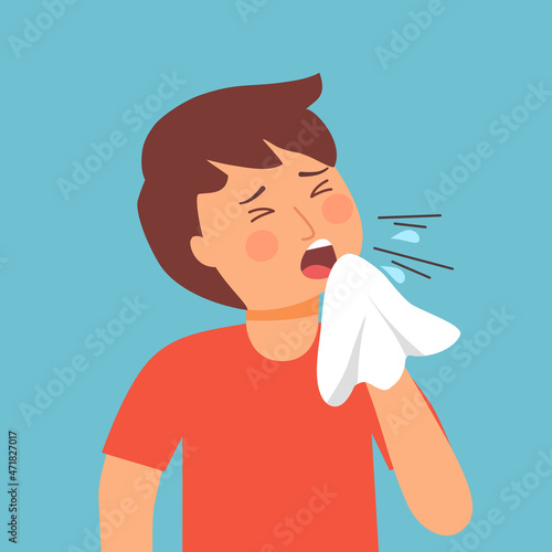 Boy child sneezing concept vector. Kids  blowing in handkerchief. Children  catch a cold from season allergy. 