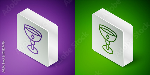 Isometric line Medieval goblet icon isolated on purple and green background. Silver square button. Vector