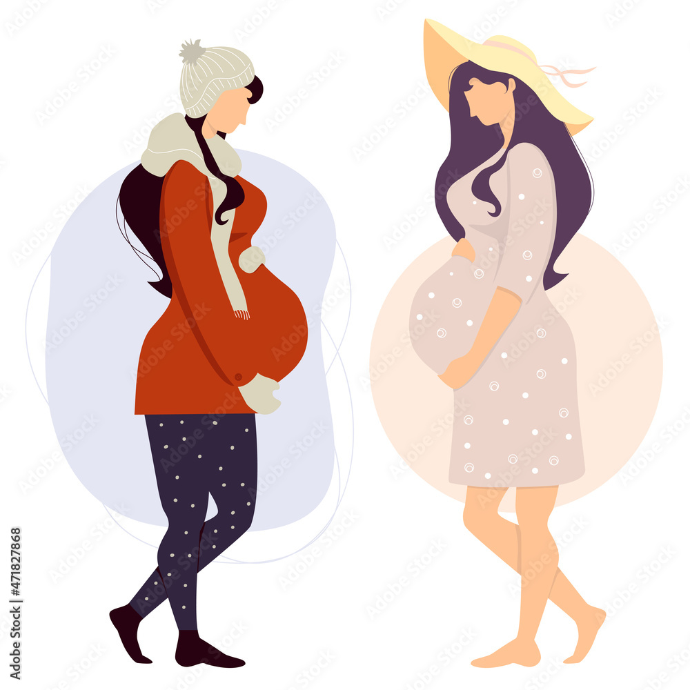 Happy pregnant girl in winter clothes and cute woman in summer clothes hugs her belly. Vector illustration. Concept of female health and motherhood, pregnancy at different times of year