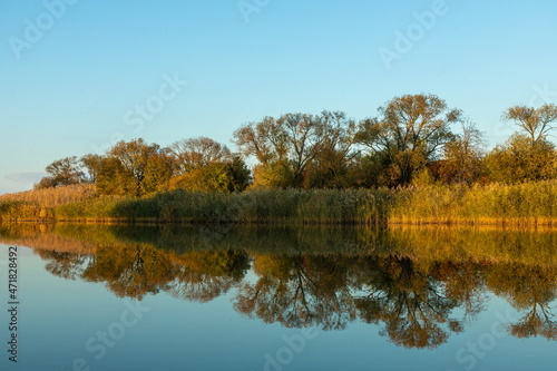sunny autumn day with yellow trees. Lake with trees. Place under the text. Autumn forest at headquarters, lake, river