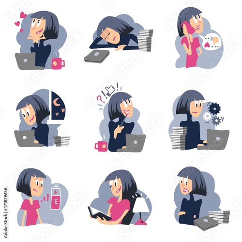 Collection of illustrations with a girl office worker. Different situations of the worker. The girl at the laptop. Flat style