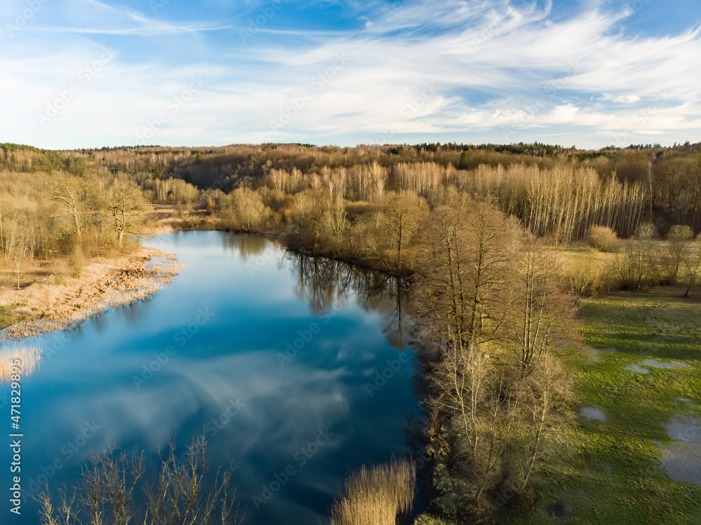 Aerial view of lake coast overgrown with sedge and dry grass. Warm spring day.