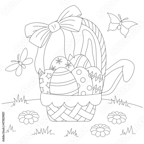 Basket with Easter eggs coloring page for childrens vector illustration