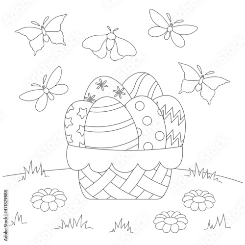 Basket with Easter eggs coloring page for childrens vector illustration
