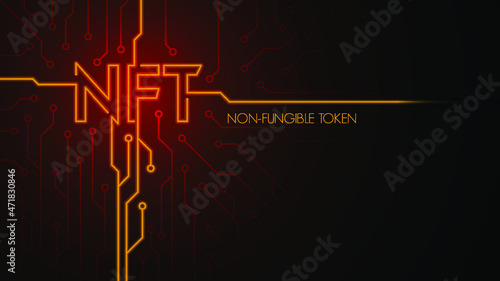 NFT non-fungible tokens technology with PCB tracks and unique tokens on dark background. art is converted into a digital file. Innovation technology. vector