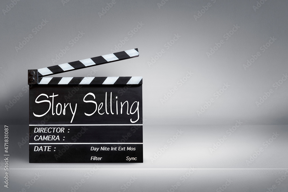 Naklejka premium Story Selling, Handwriting on film slate.Finance and the film industry