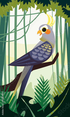 Blue yellow parrot against a jungle background